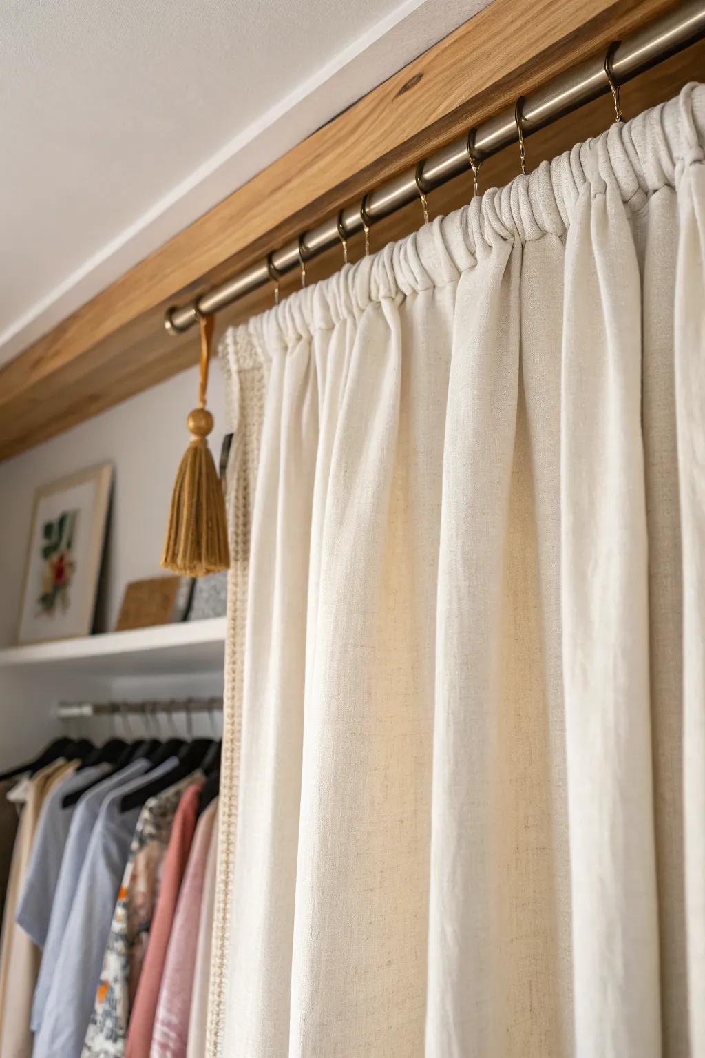 A ceiling-track linen curtain hides a wall closet beautifully—perfect for renters and small spaces.