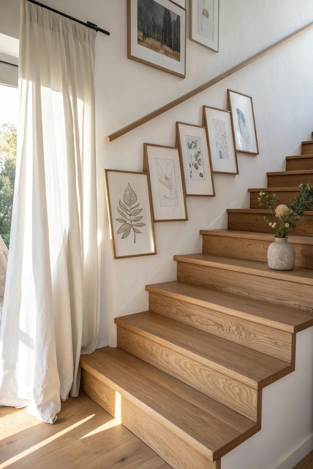 Stair-step picture ledges turn an empty wall corner into a flexible, nail-free mini gallery.