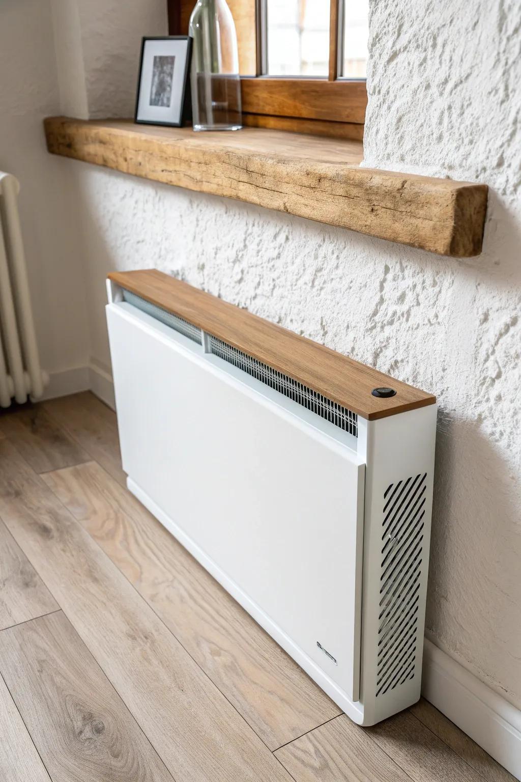 Lift the eye: a slim vented heater cover paired with a warm oak floating shelf above.