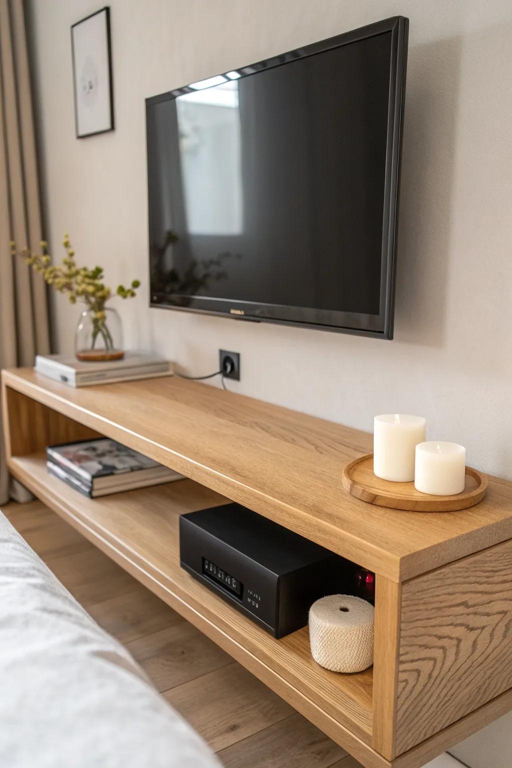 Slim floating shelf under the TV: space-saving spot for a soundbar and candle in a calm bedroom.