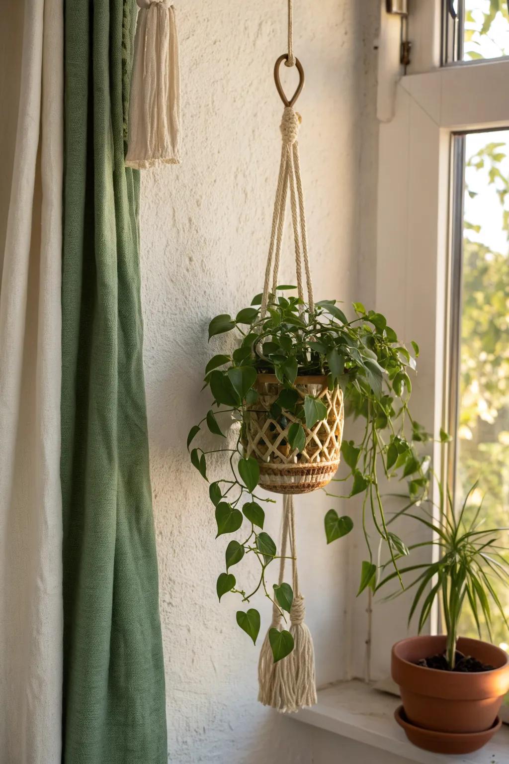 Free up surfaces with a wall hook planter—one trailing vine creates a curtain of green.