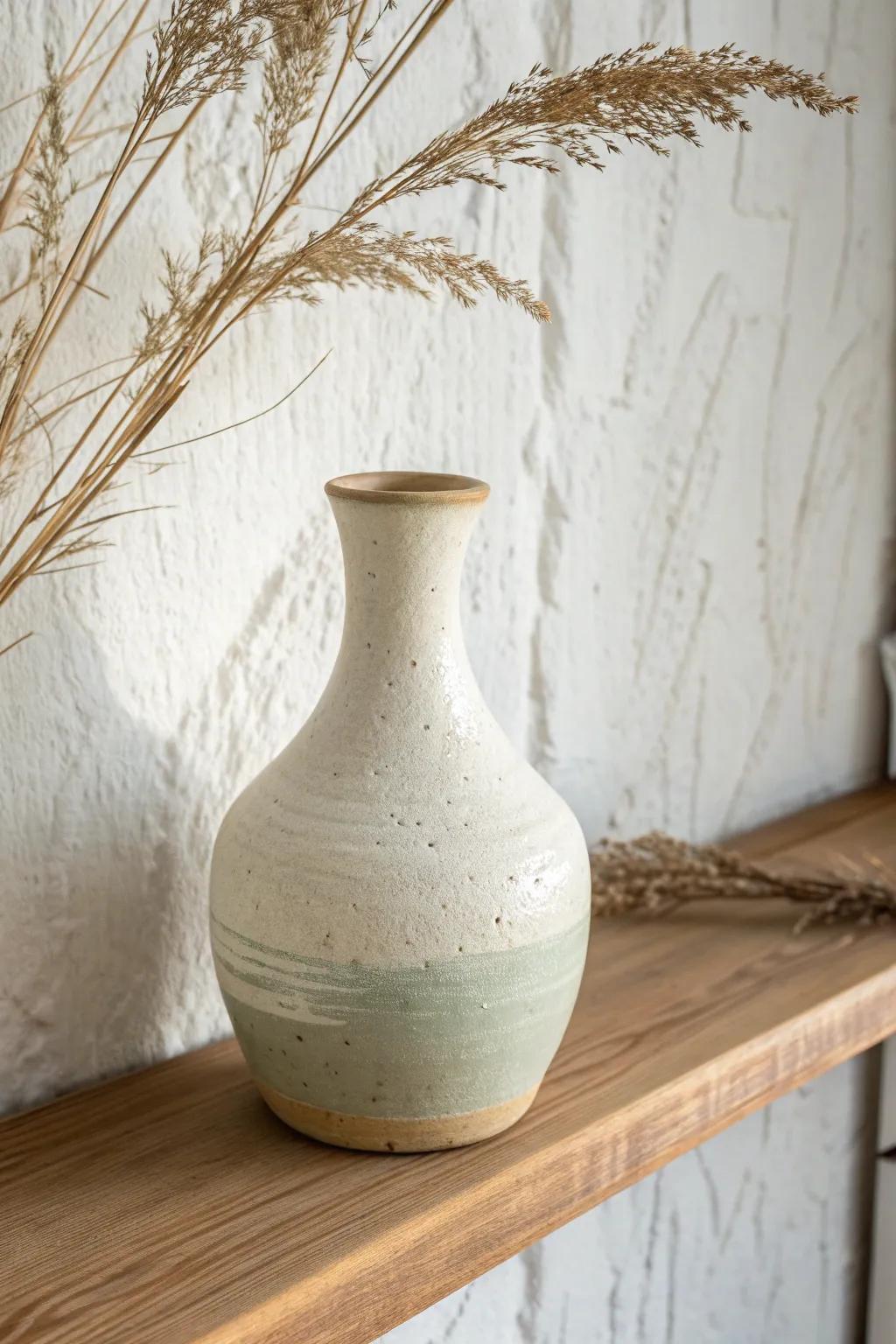 Neutral shelf decor: creamy stoneware vase with a muted sage accent on warm oak—calm and airy.