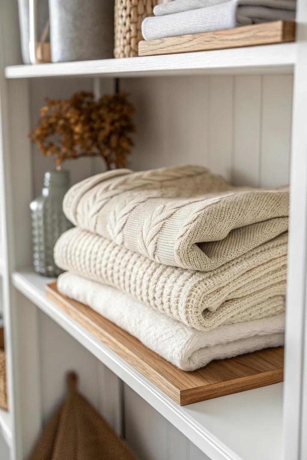 A simple oak shelf divider keeps folded knits standing tall—no more sweater avalanches.