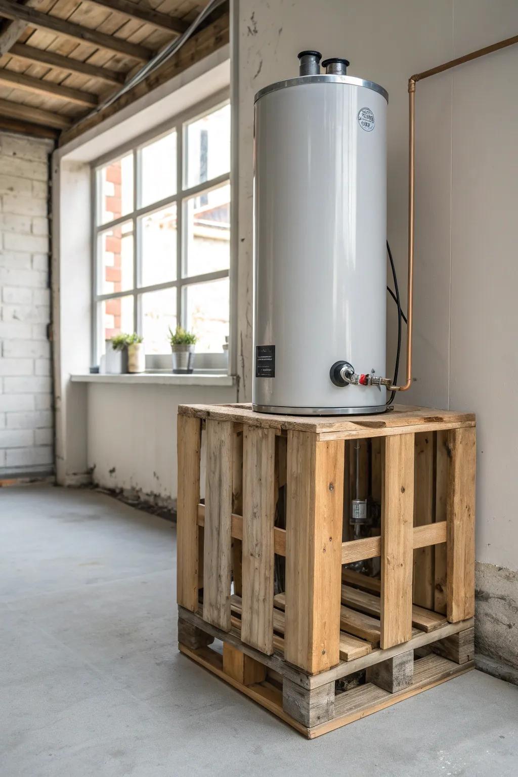Transform your space with a rustic touch: Upcycled pallet stand for an eco-chic water heater setup.