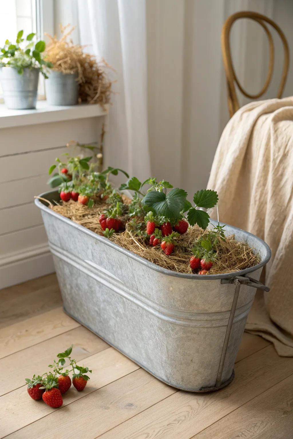 Small-space sweetness: a galvanized trough planter brimming with strawberries in calm Scandi style.