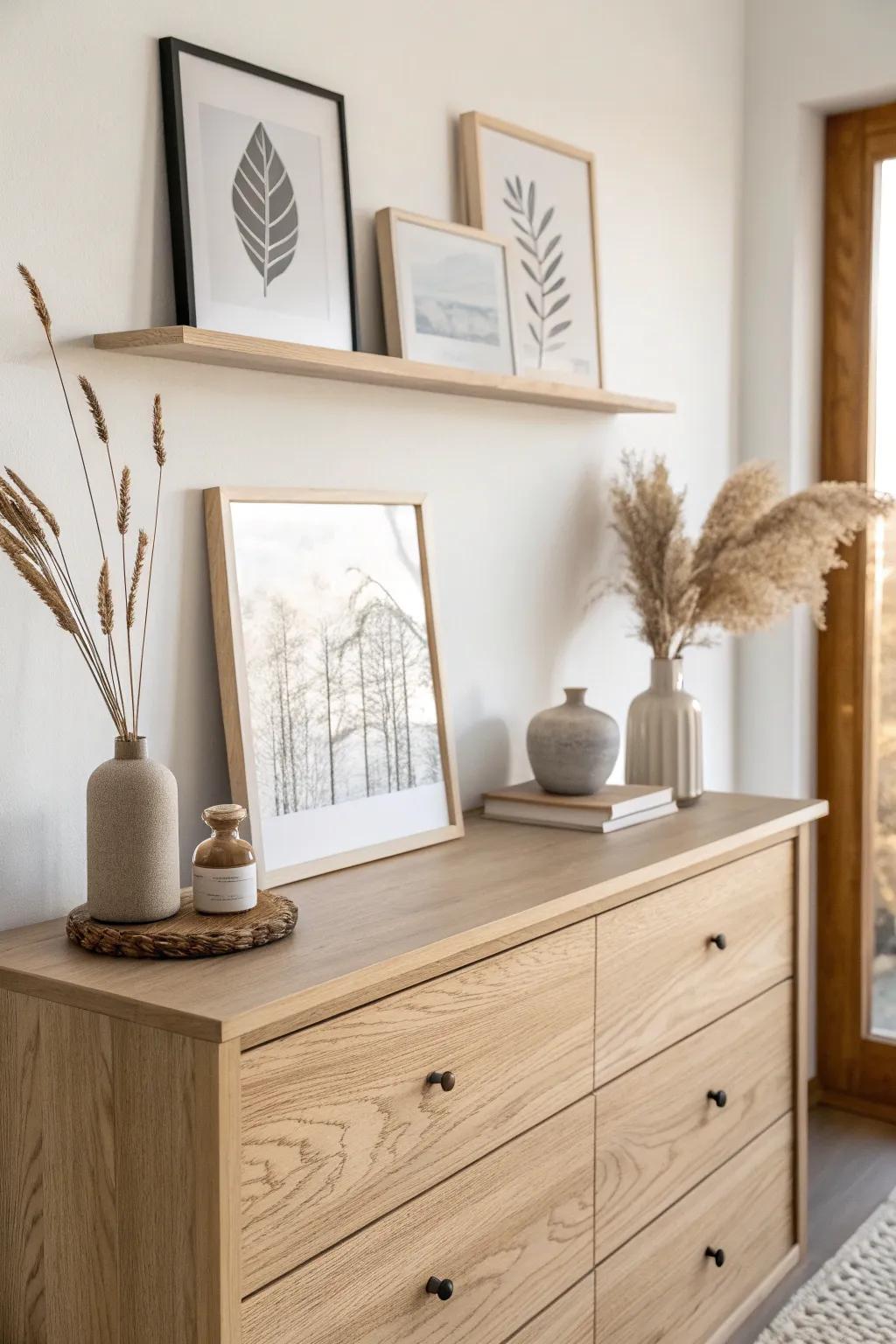 Slim picture ledge above the dresser—layered frames for a cozy, swap-anytime look.