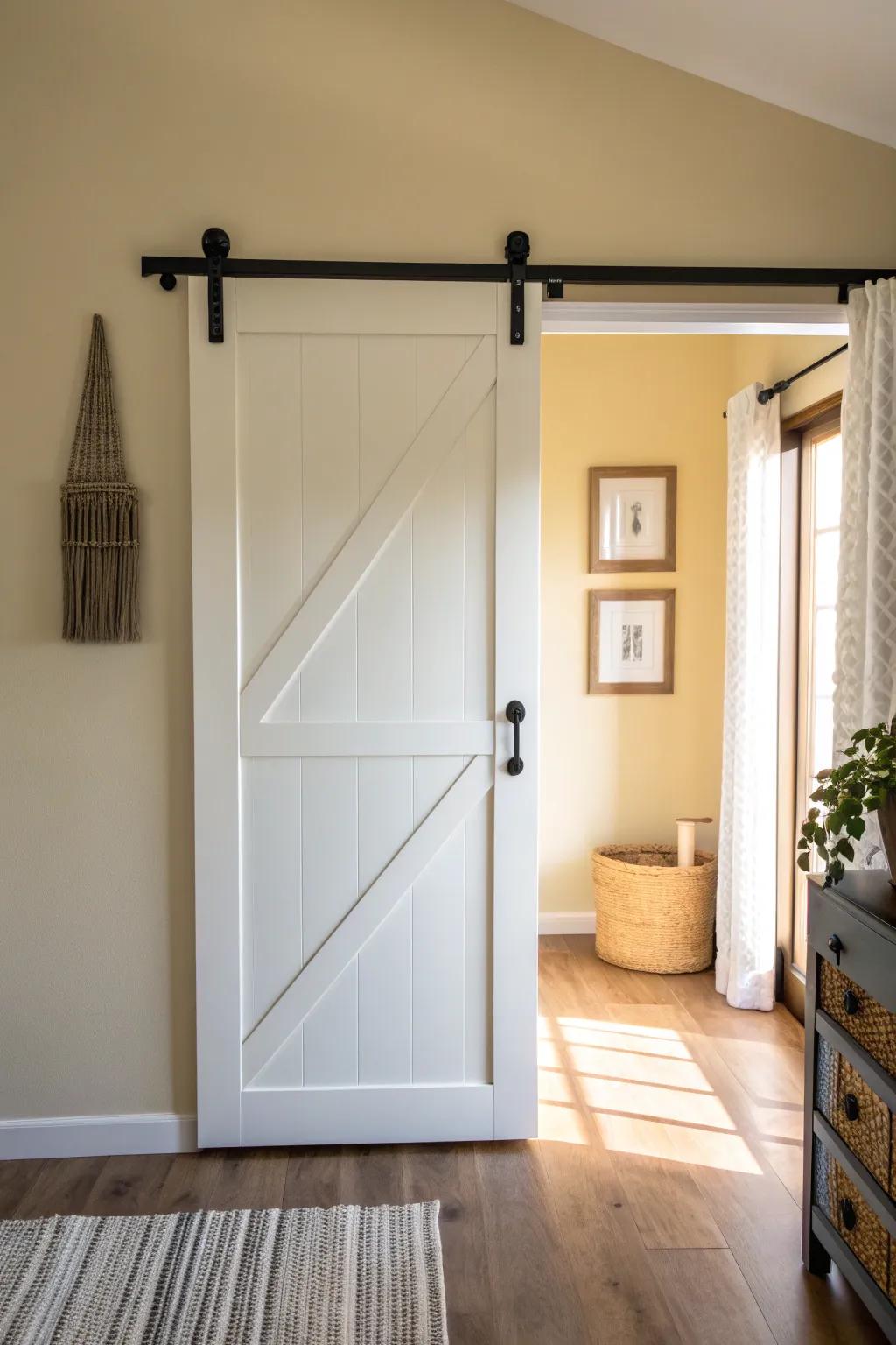 A crisp white paneled barn door adds modern polish and saves space in a small home.