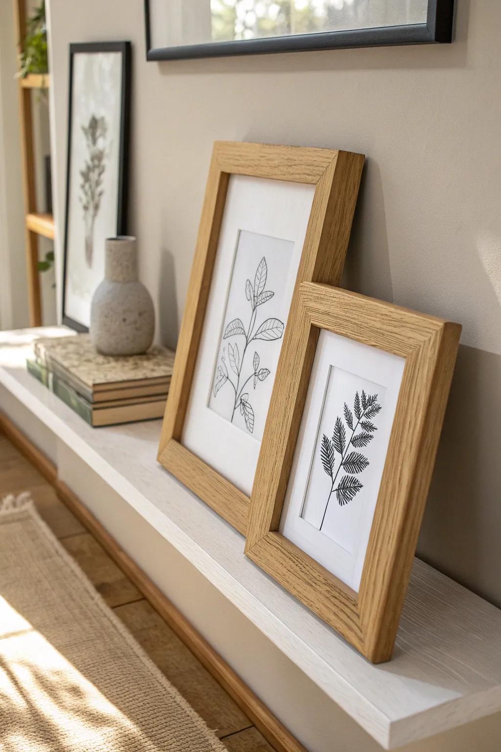 Lean-and-layer frames on white shelves for instant depth and a rental-friendly gallery vibe—no holes.
