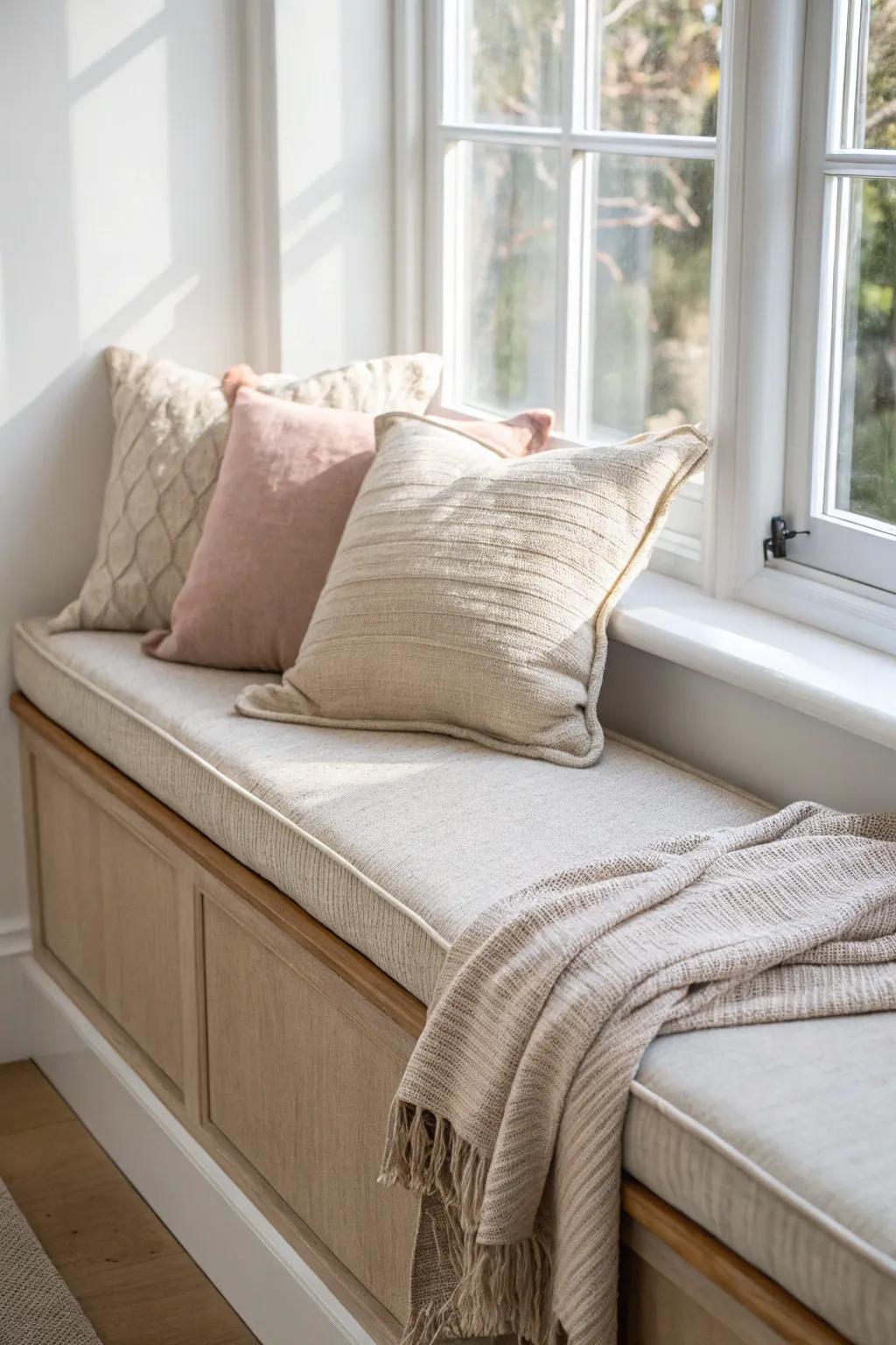 Thick cushion + layered pillows: the easiest way to make a window bench look luxe.