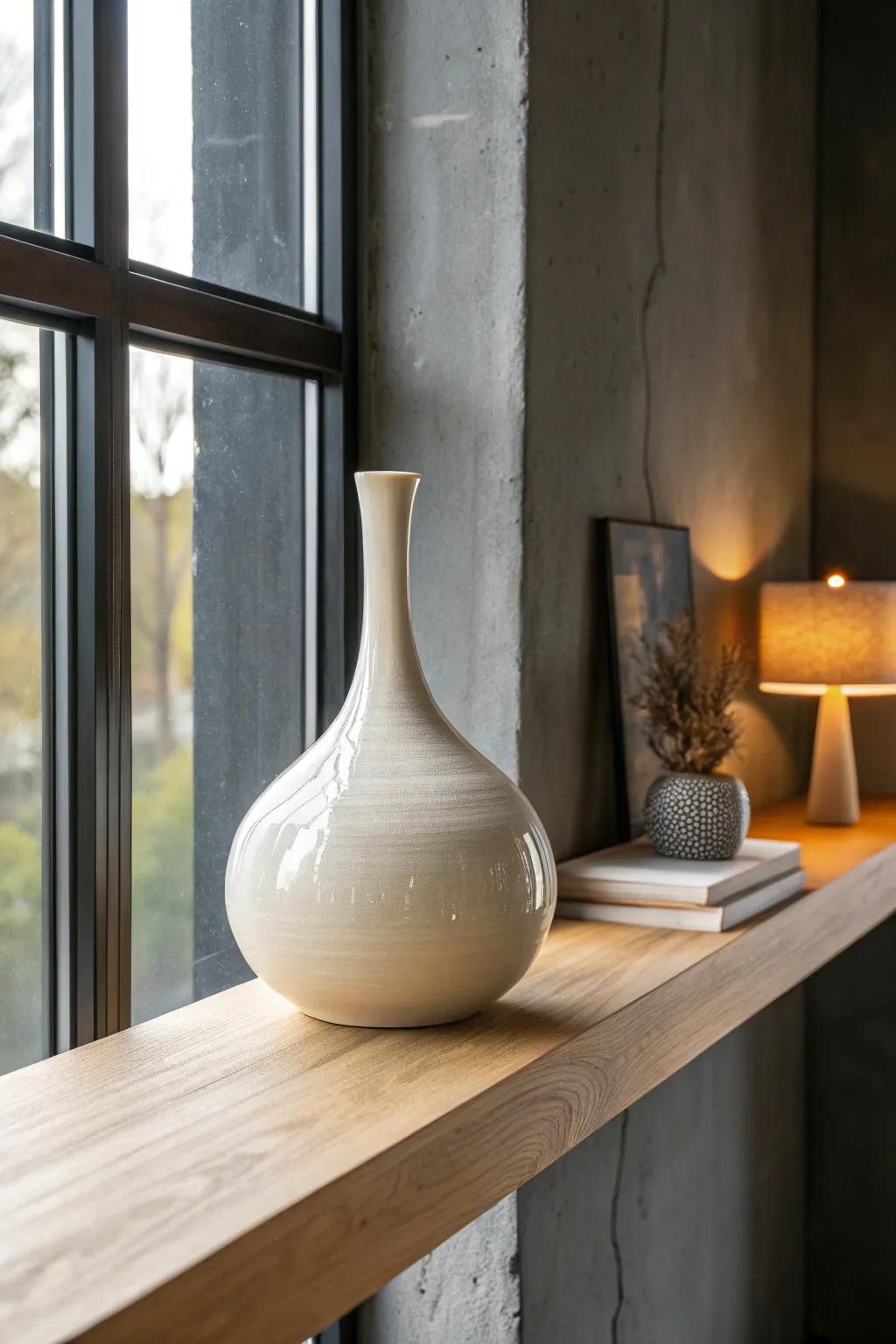 A high-gloss vase catches and bounces light—an easy way to brighten a windowless room.