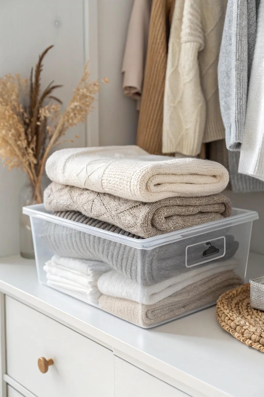 Clear, labeled bins turn the top shelf into prime storage for scarves, hats, and gloves.