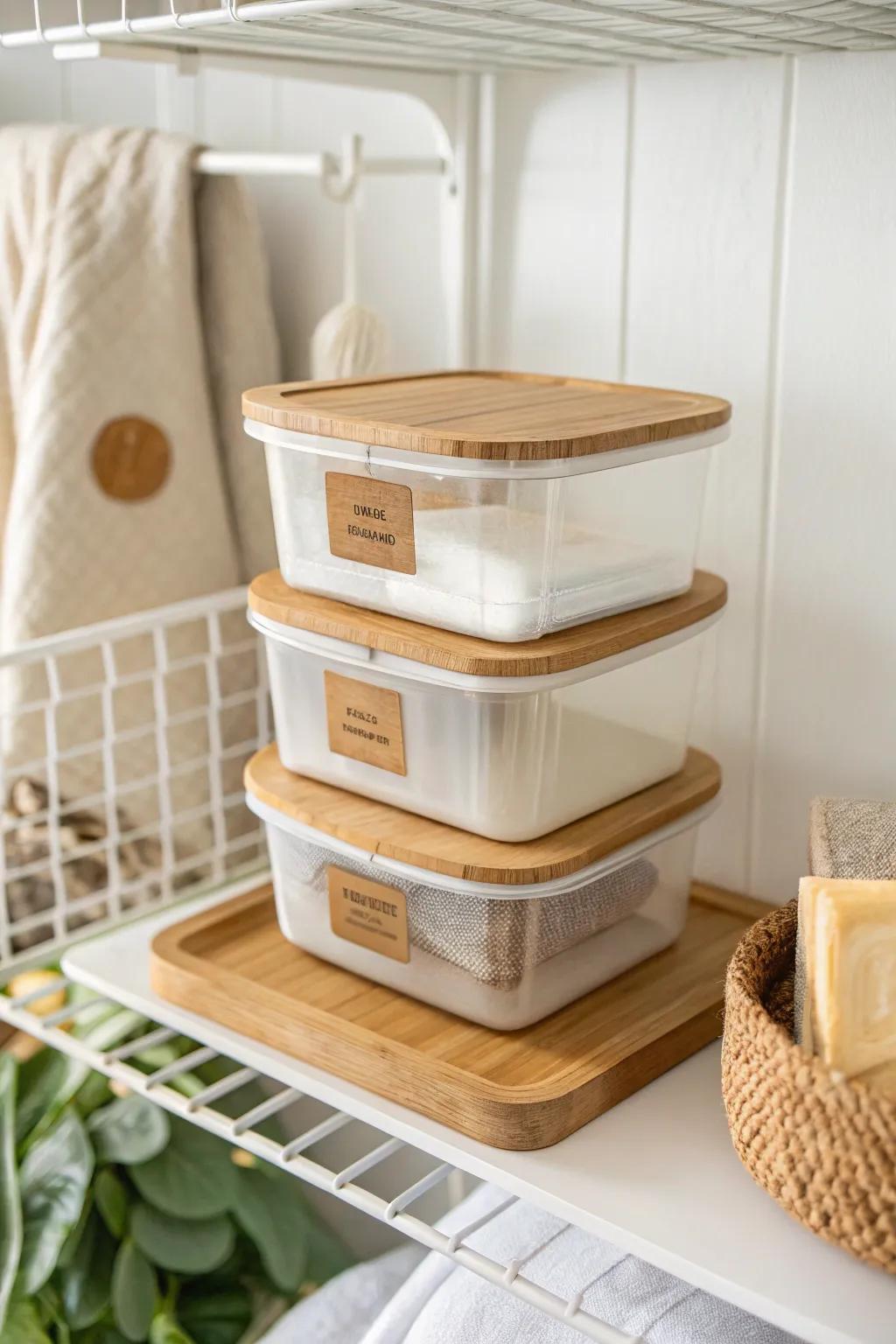 Use the top shelf gap: a neat stack of labeled containers for off-season essentials.