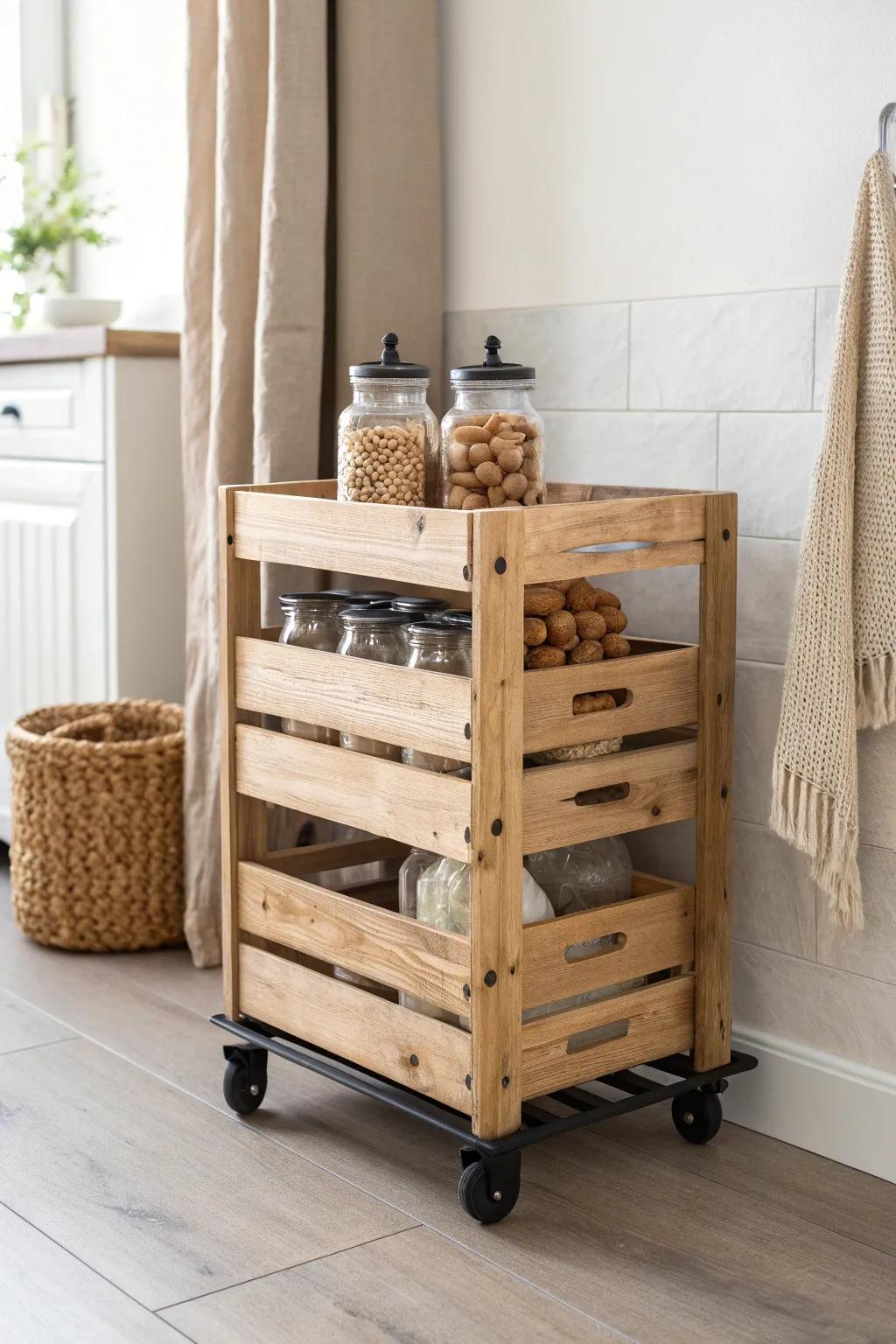 A minimalist rolling wood crate cart—pretty, mobile storage for snacks, linens, and small appliances.