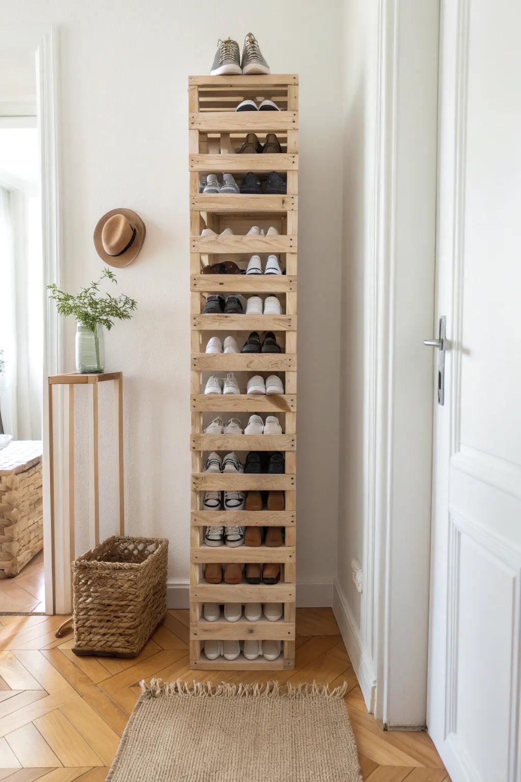 Stacked wooden crates turn a narrow entryway into a chic vertical shoe organizer—just add labels.