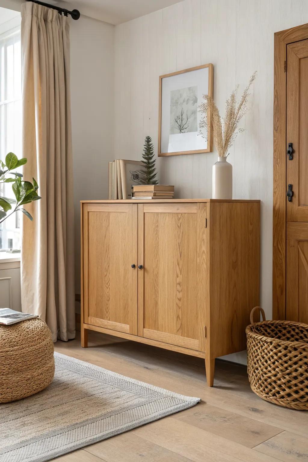Half wall + hidden cabinet storage: a light oak partition that defines space without blocking light.