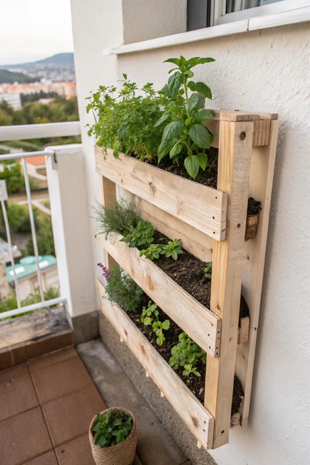 Vertical pallet herb garden: warm wood, fresh basil and mint, balcony-friendly and beautiful.