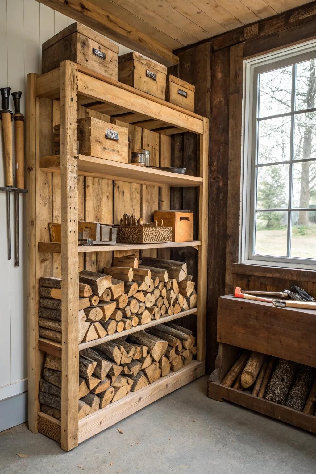 Optimize your workshop with this multifunctional wood and tool storage solution.