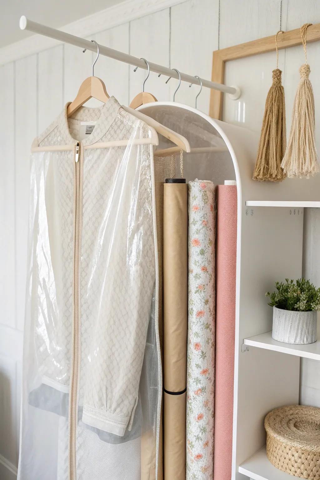 Protect wrapping paper rolls: zip them into a clear garment bag and hang in the closet.
