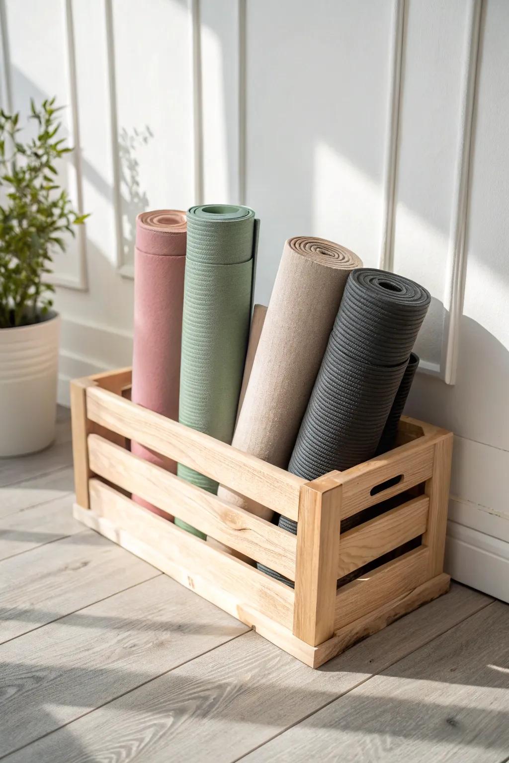 A divided wood crate keeps multiple yoga mats upright, tidy, and beautifully organized.