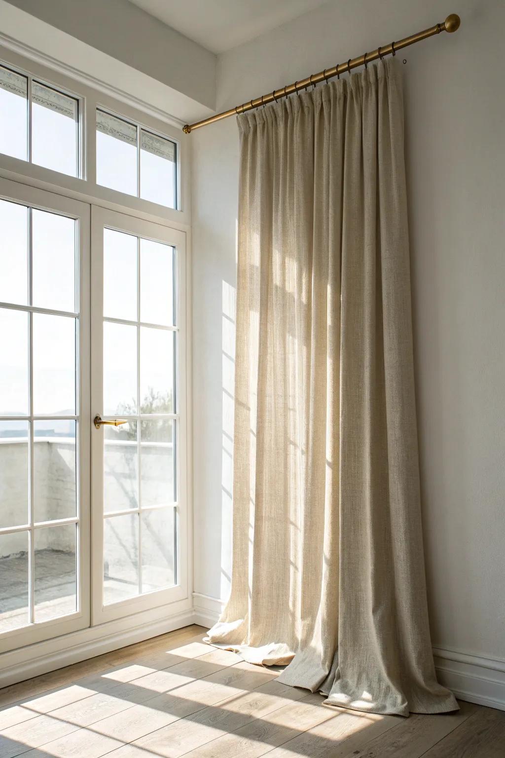 Hang curtains high and wide to visually raise ceilings and brighten a small 1-bedroom space.