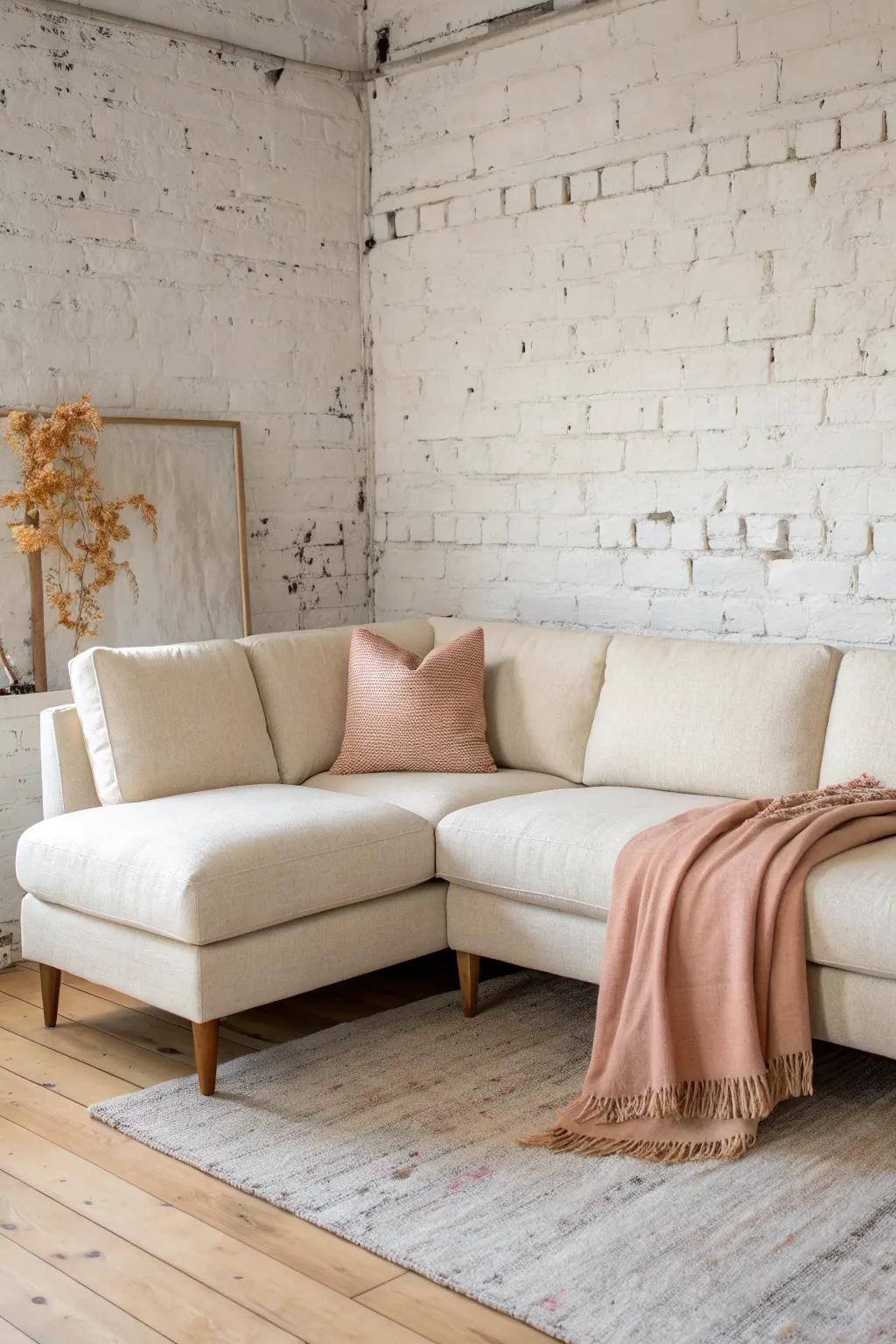 Compact L-shaped sofa with slim arms and high legs—movie-night comfort that stays light in small condos.