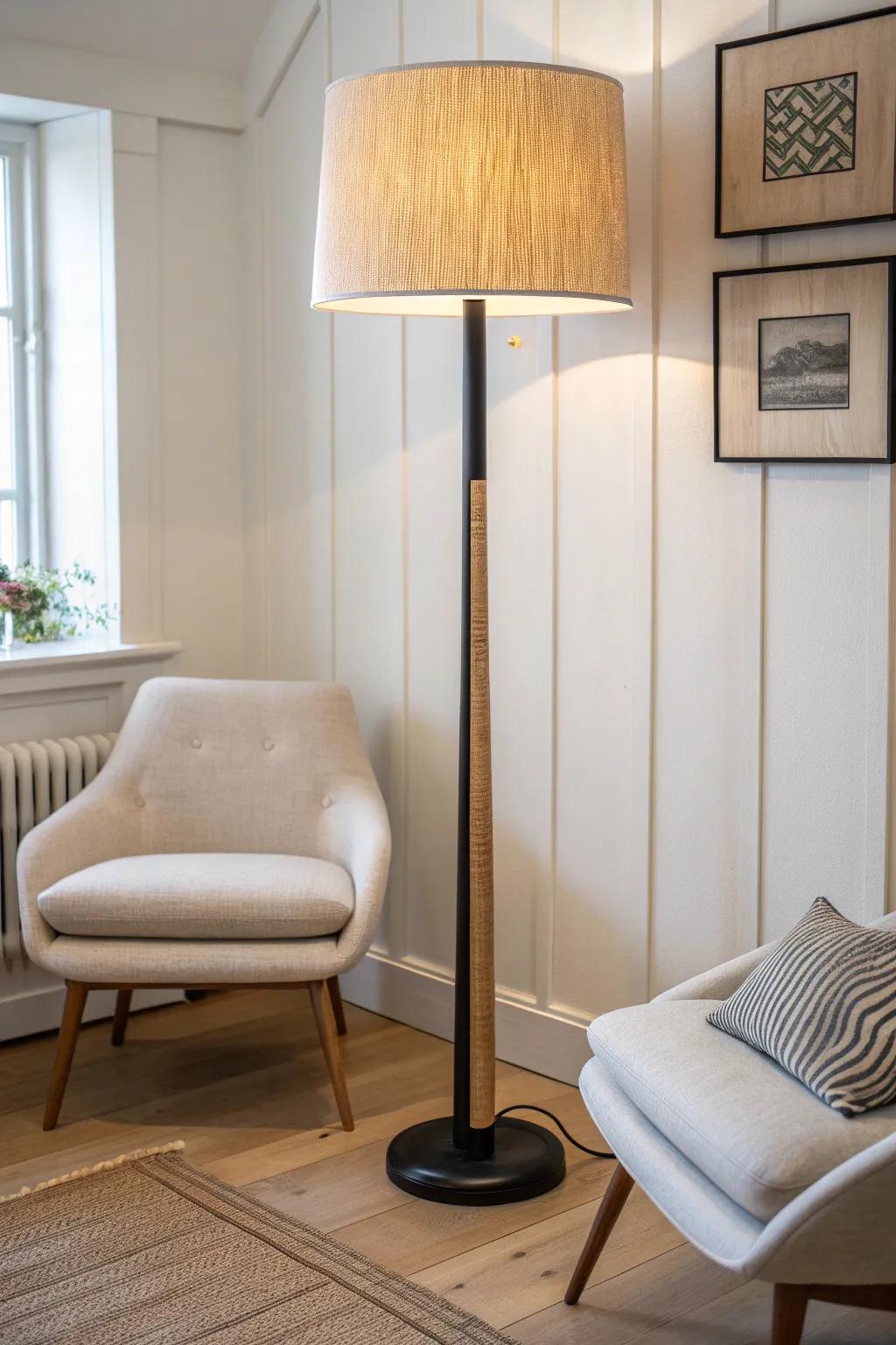 One statement floor lamp brings two chairs together—warm glow, no side tables needed.
