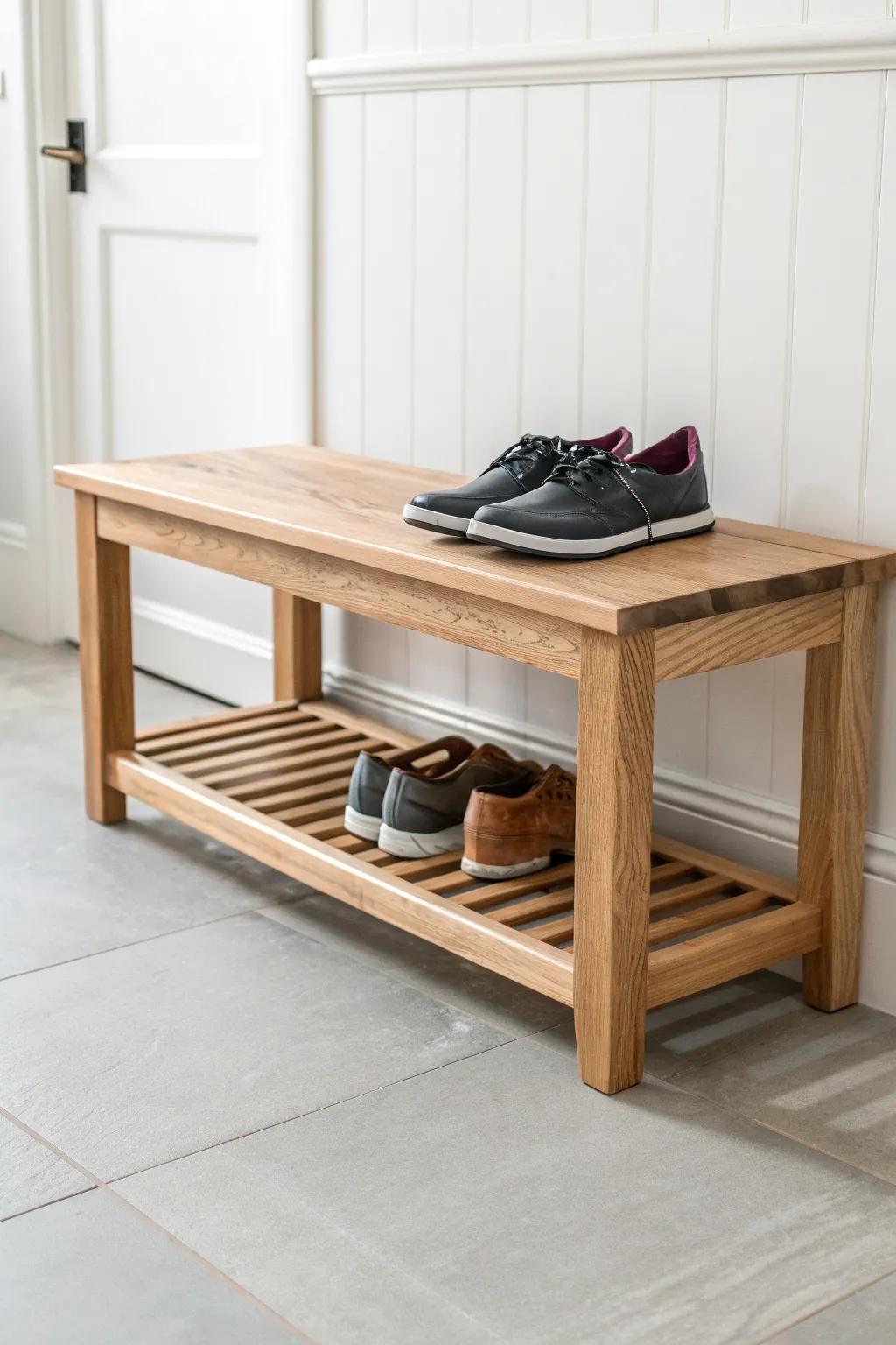DIY 2x4 entryway bench with built‑in shoe shelf—sleek Scandinavian style for tiny spaces.