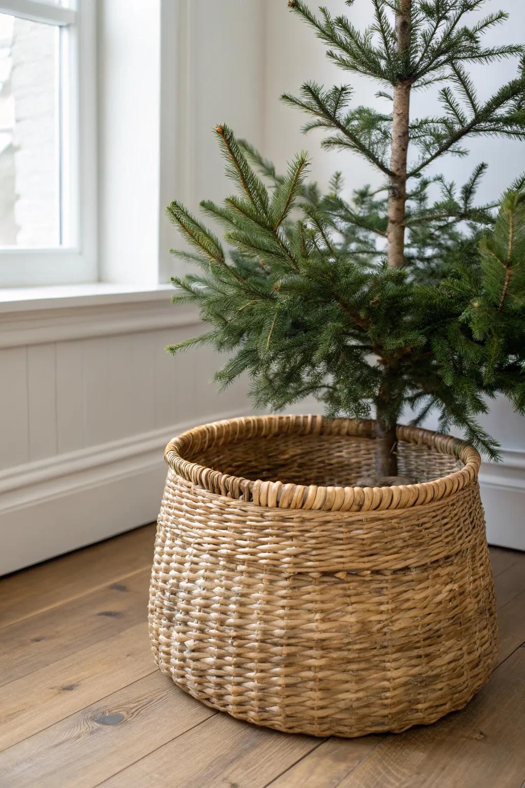 Hide the stand in style: a woven basket tree collar that makes a 4ft tree feel finished.