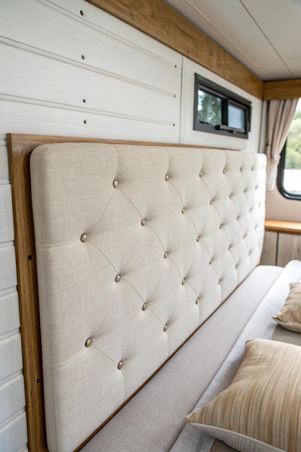 A slim DIY upholstered headboard adds cozy bedroom vibes without the bulk in your RV.