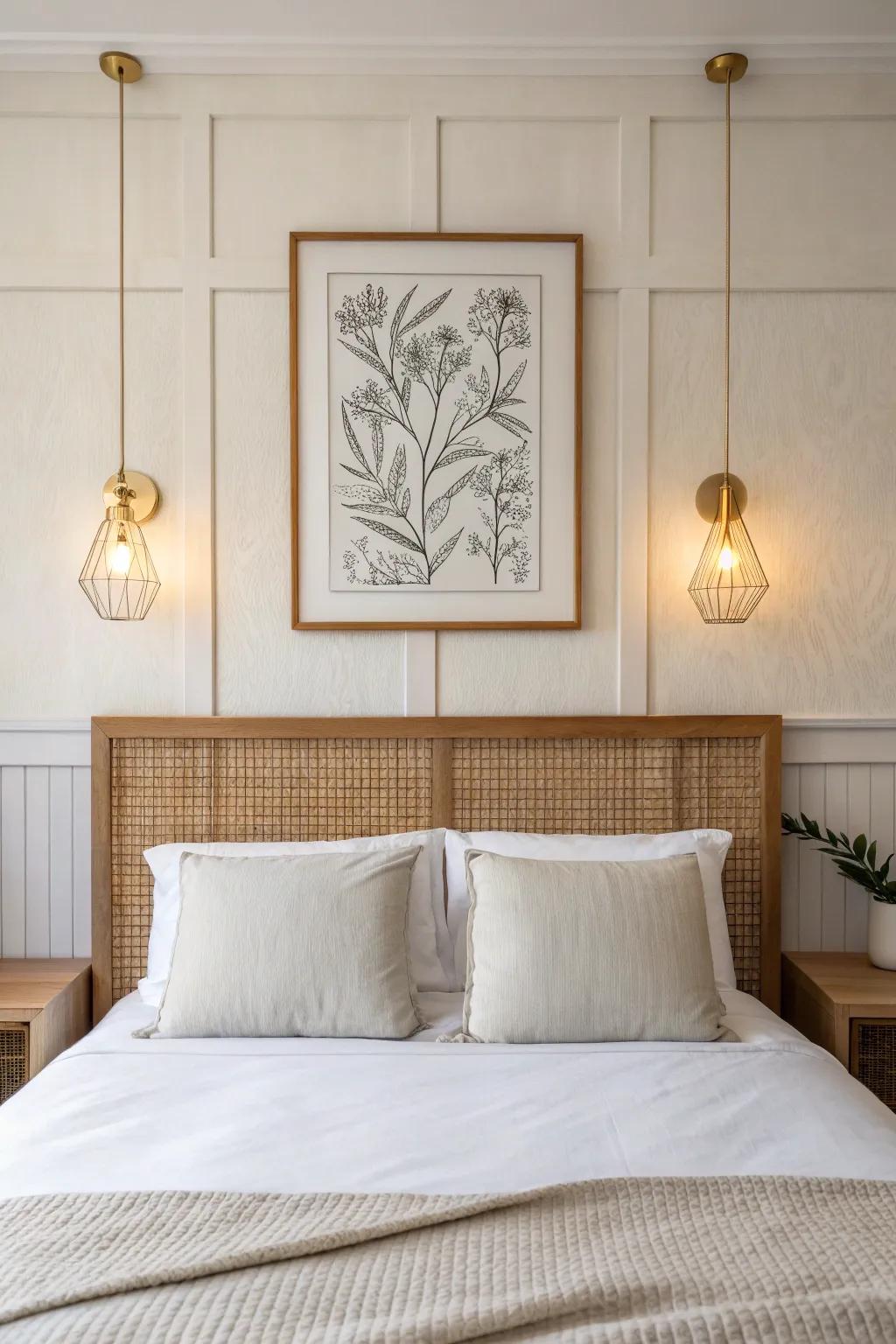 Framed art + matching wall sconces for a boutique-hotel glow above the bed