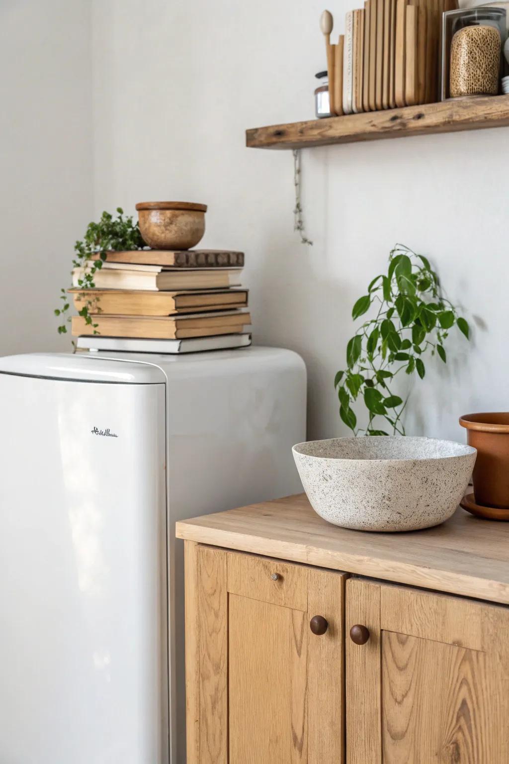 Cookbooks above the fridge make an easy riser for a bowl + plant—simple, layered, chic.