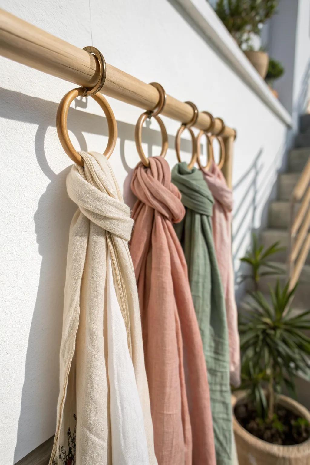 A minimalist scarf hanger keeps every scarf visible, color-sorted, and wrinkle-light.