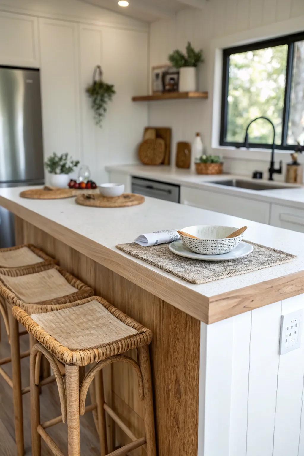 Small-space win: a warm oak peninsula that separates the kitchen and becomes your dining spot.