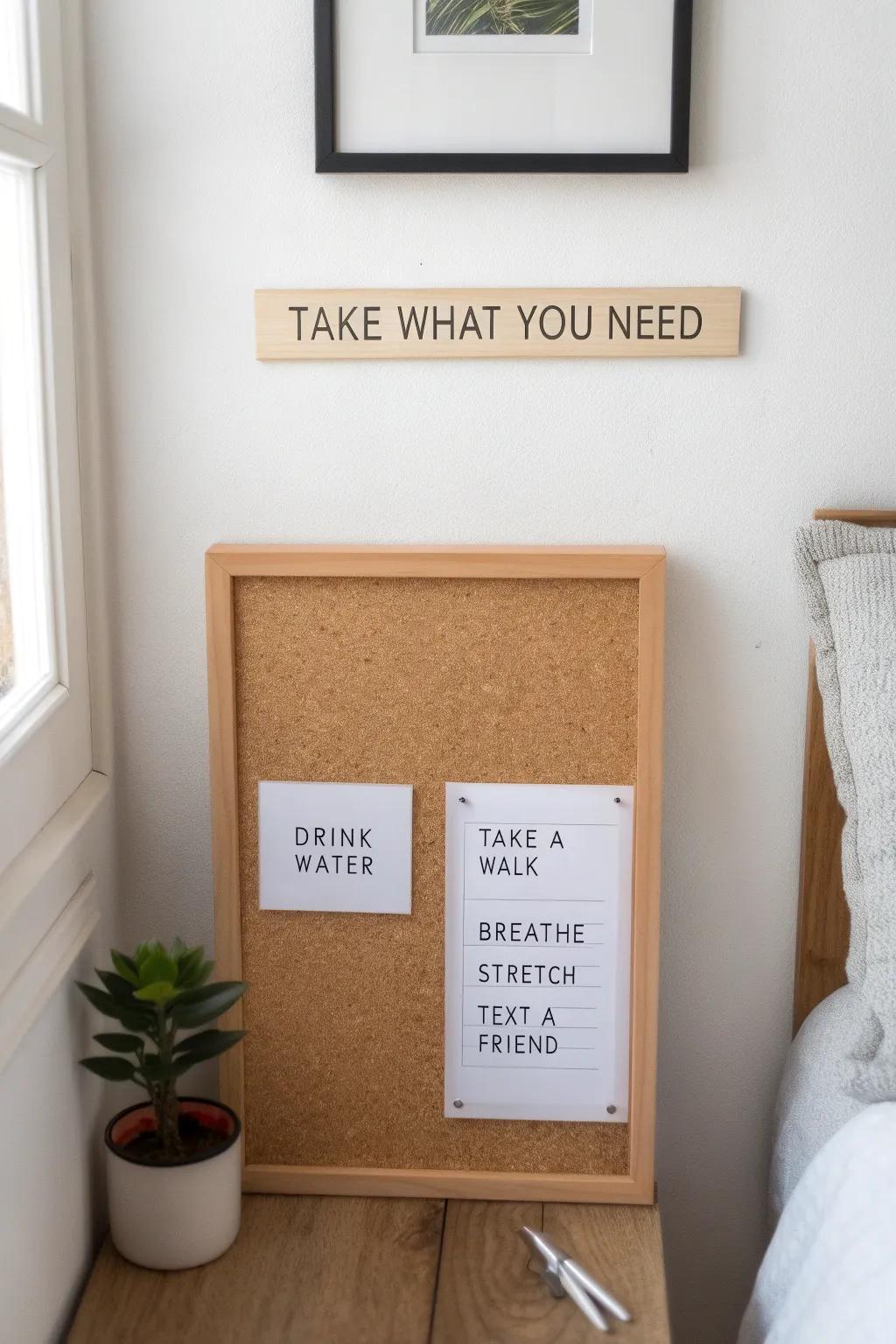 A “Take What You Need” self-care board with calming tear-off prompts for stressful days.
