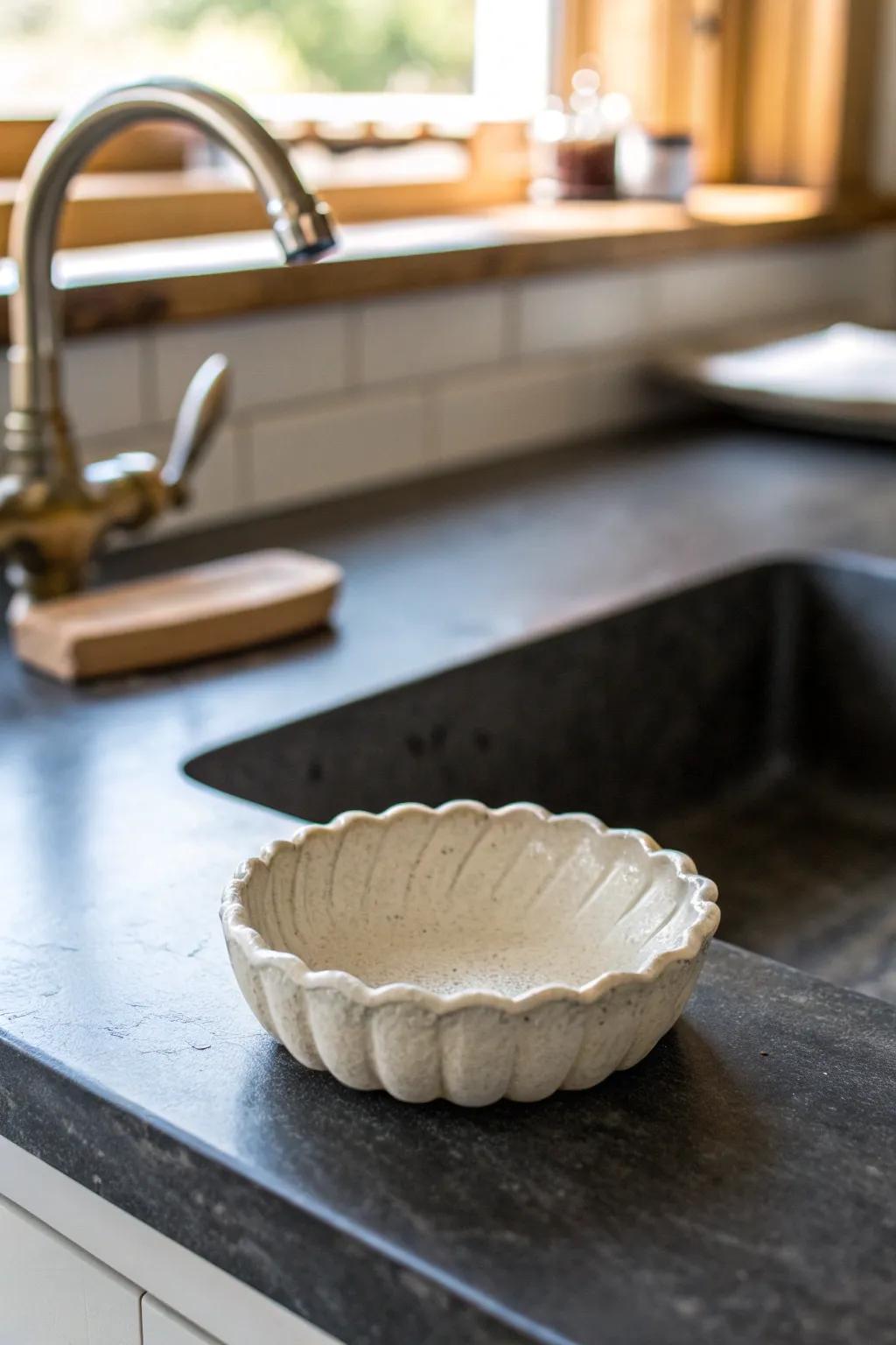 A handmade air-dry clay ring dish keeps your jewelry safe while you wash up—right by the sink.