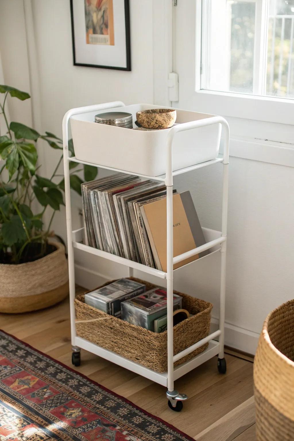 A chic rolling cart keeps vinyl albums organized and easy to move—perfect for small spaces.