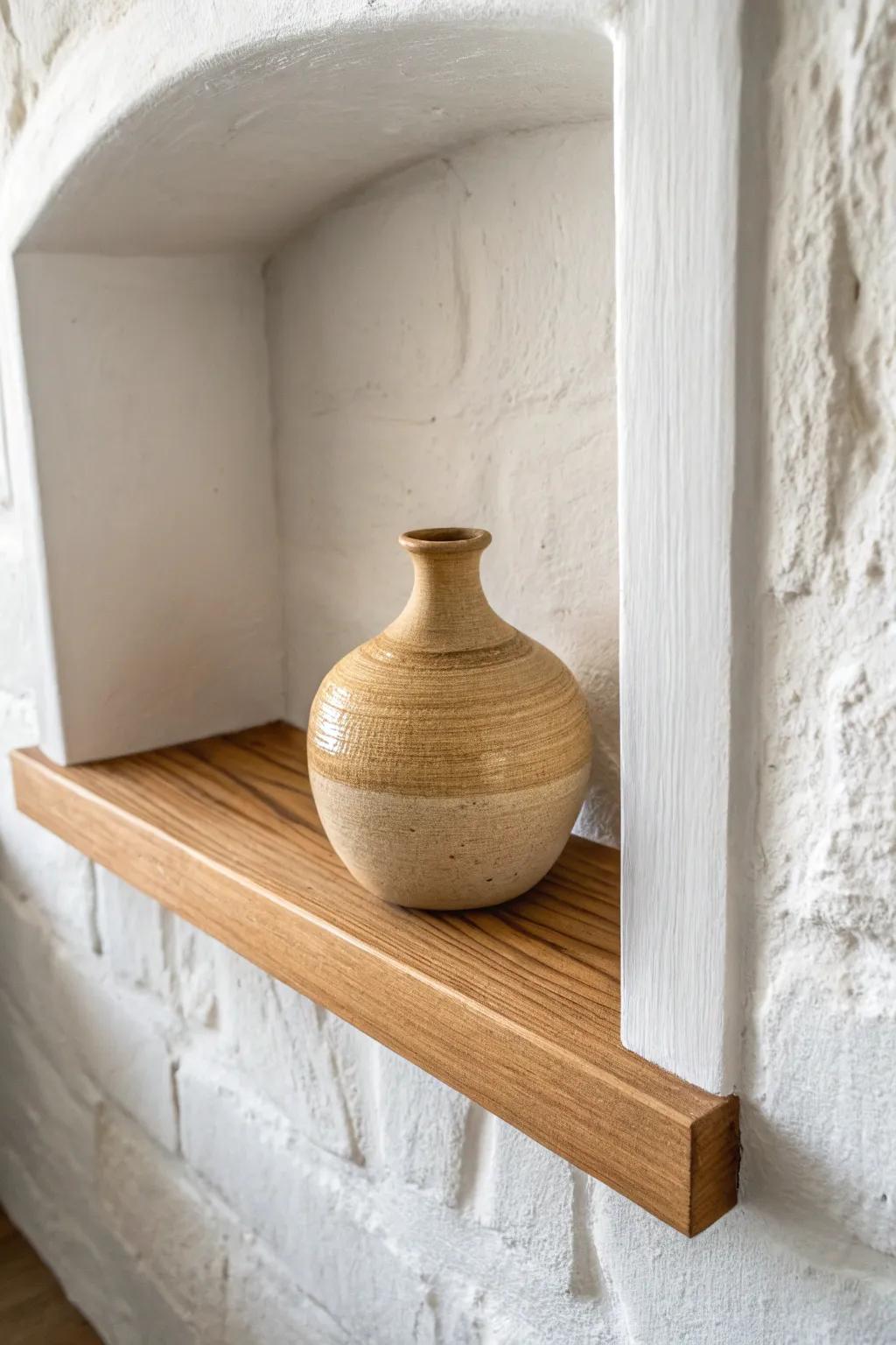 A warm oak alcove shelf adds instant texture and coziness—minimal, natural, and uncluttered.