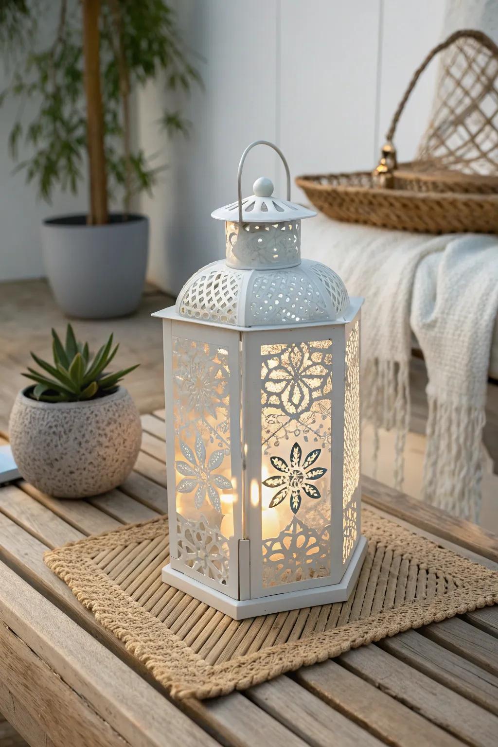 Illuminate your evenings with the serene glow of a handcrafted aluminum lantern, perfect for a minimalist boho patio.