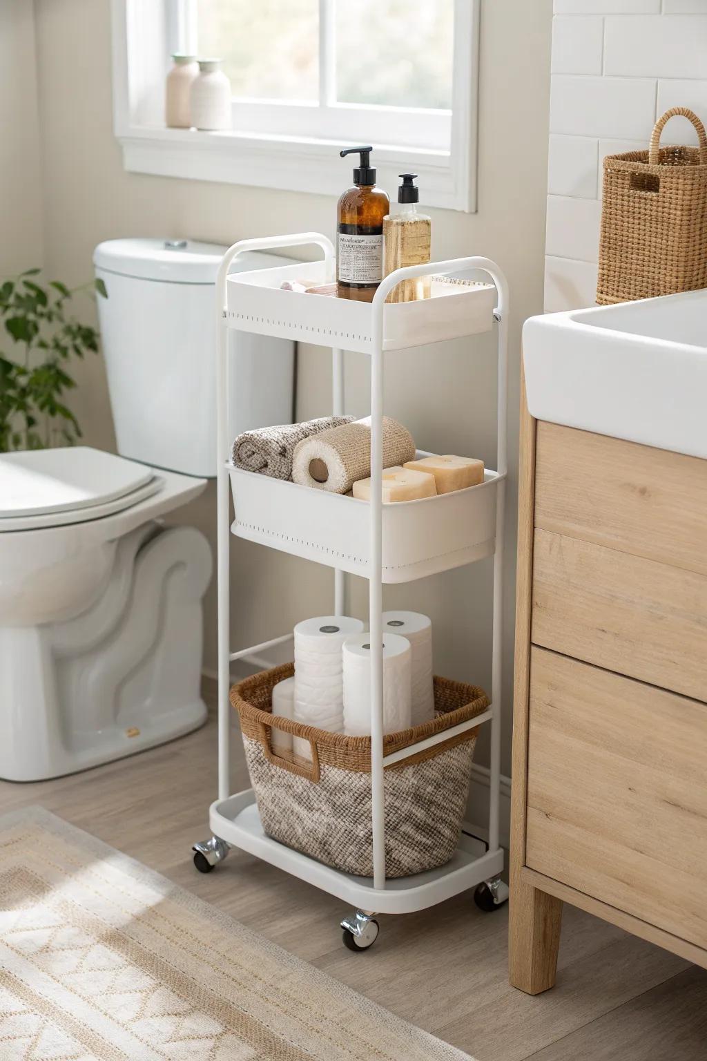 A slim rolling cart turns the toilet gap into chic storage for paper, soap, and wipes.