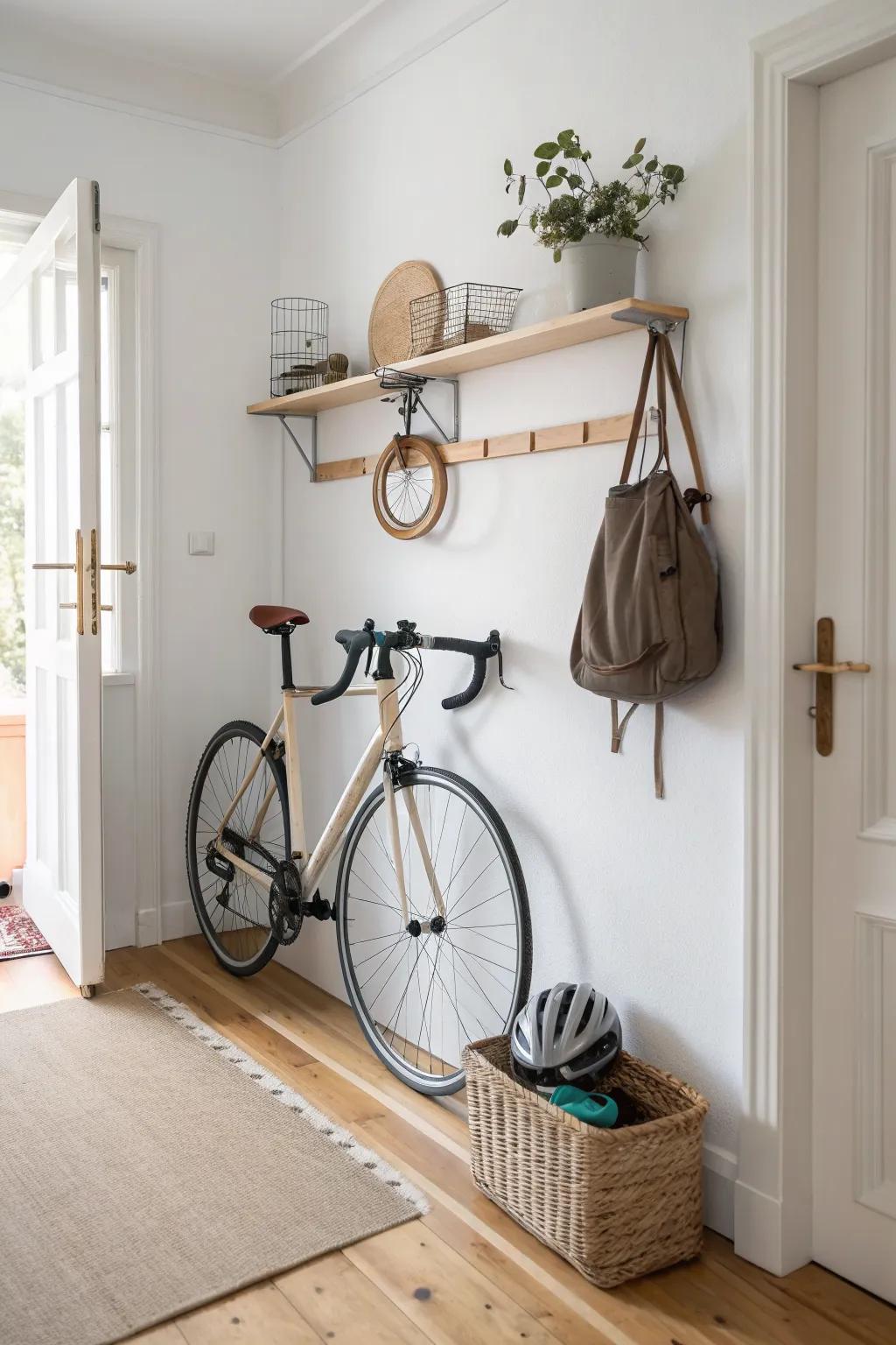 Entryway bike drop zone: wall station with shelf + basket for a calm, clutter-free routine.