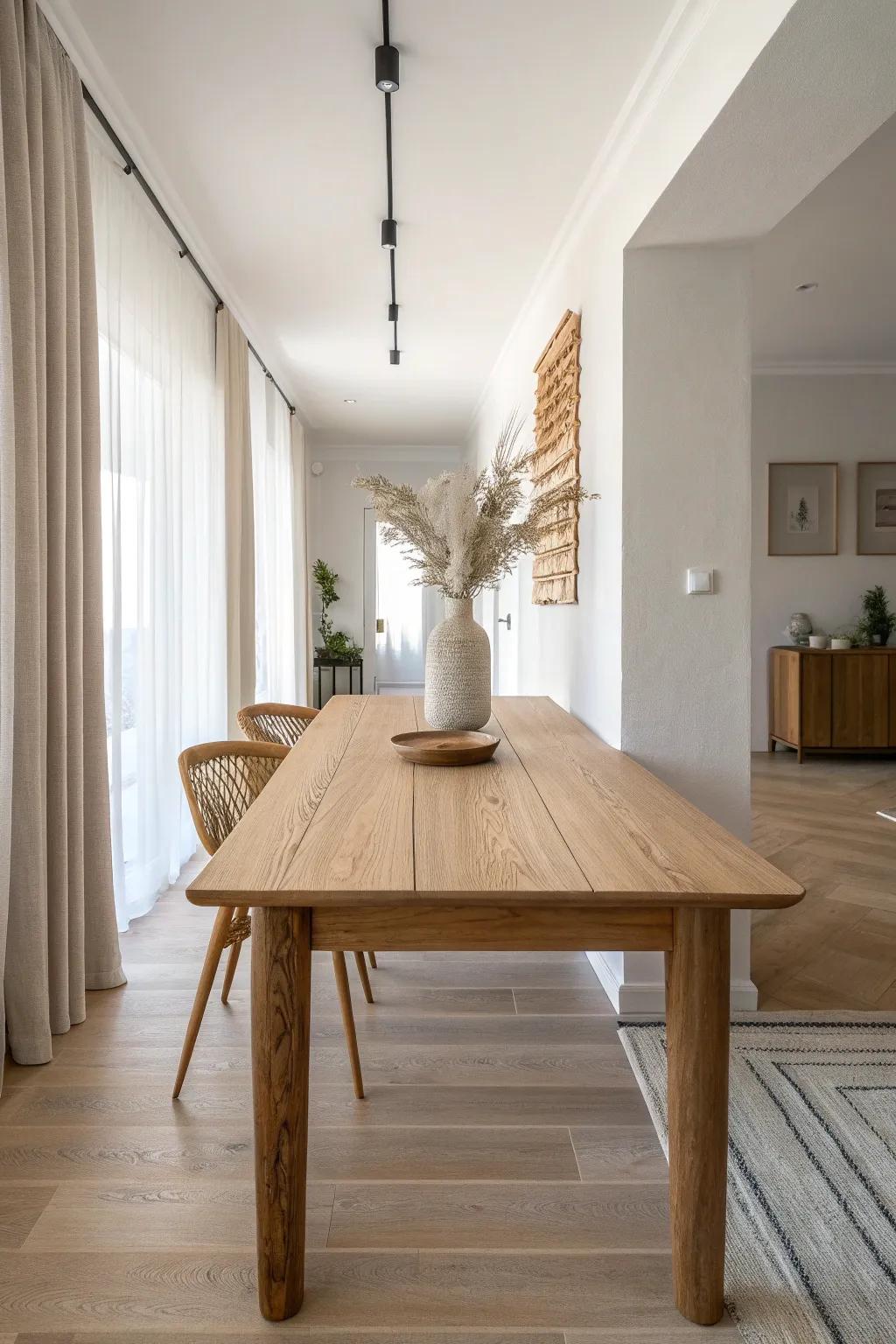 A slim rectangular table keeps a narrow apartment dining area open and effortlessly stylish.