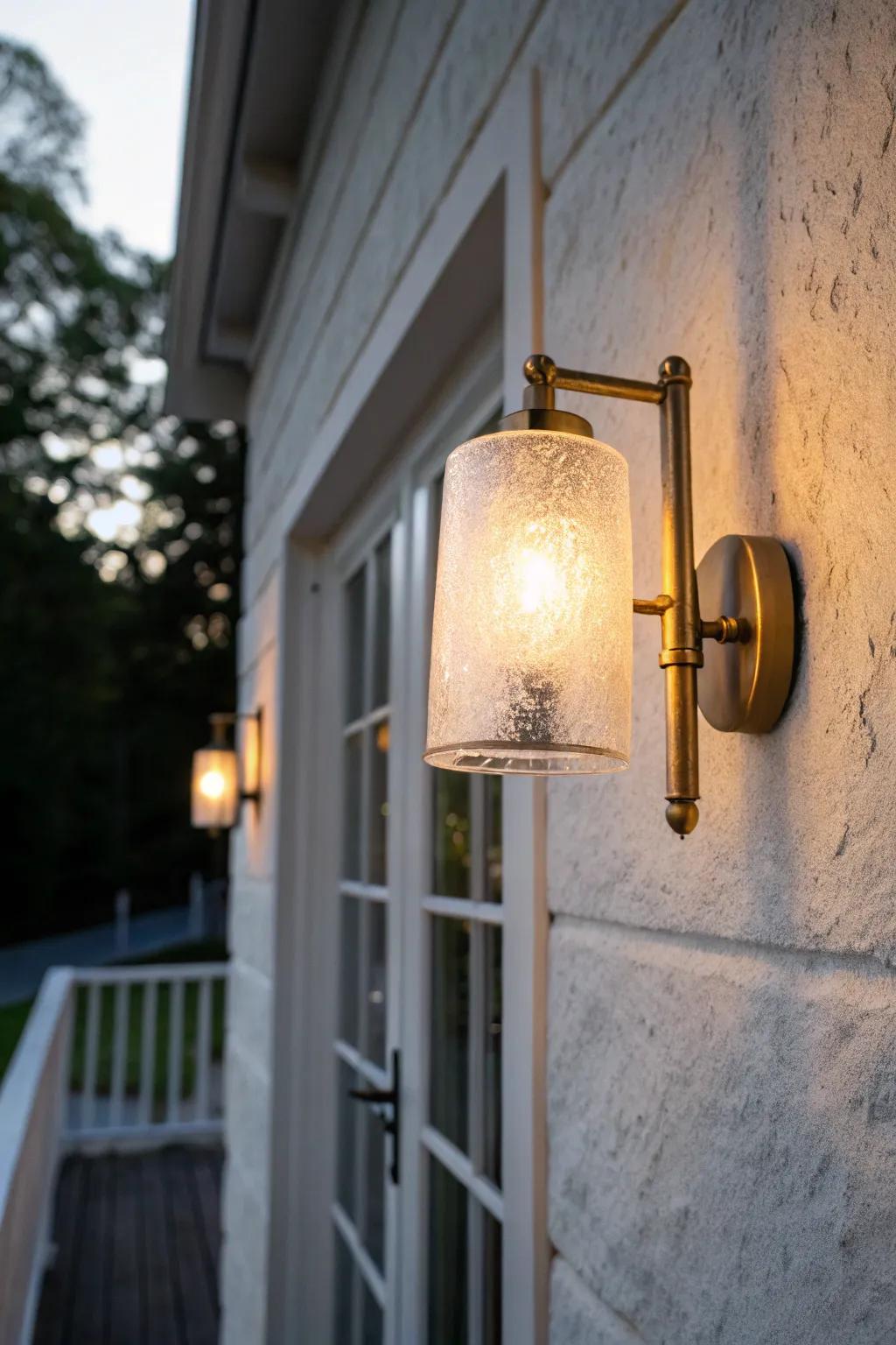 A single warm sconce transforms a small apartment porch into a cozy, safe evening glow.