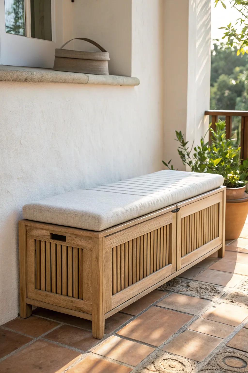 A sleek storage bench that doubles as seating and neatly hides balcony clutter.