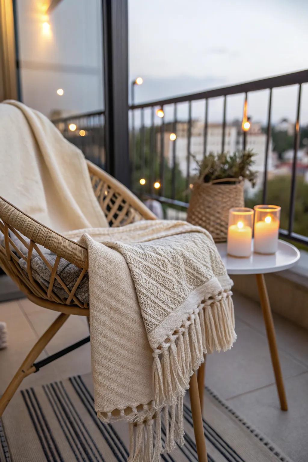 A soft throw blanket keeps tiny patio evenings cozy—budget-friendly comfort for night chills.