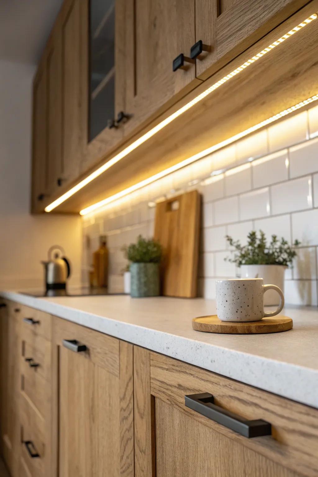 Warm under-cabinet lighting instantly elevates a tiny kitchen—bright counters, luxe vibe.