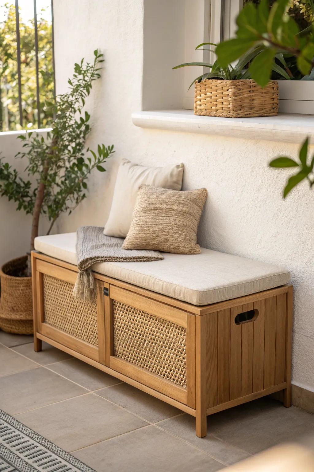 A slim storage bench hides cushions and a cozy throw—perfect double duty for tiny balconies.