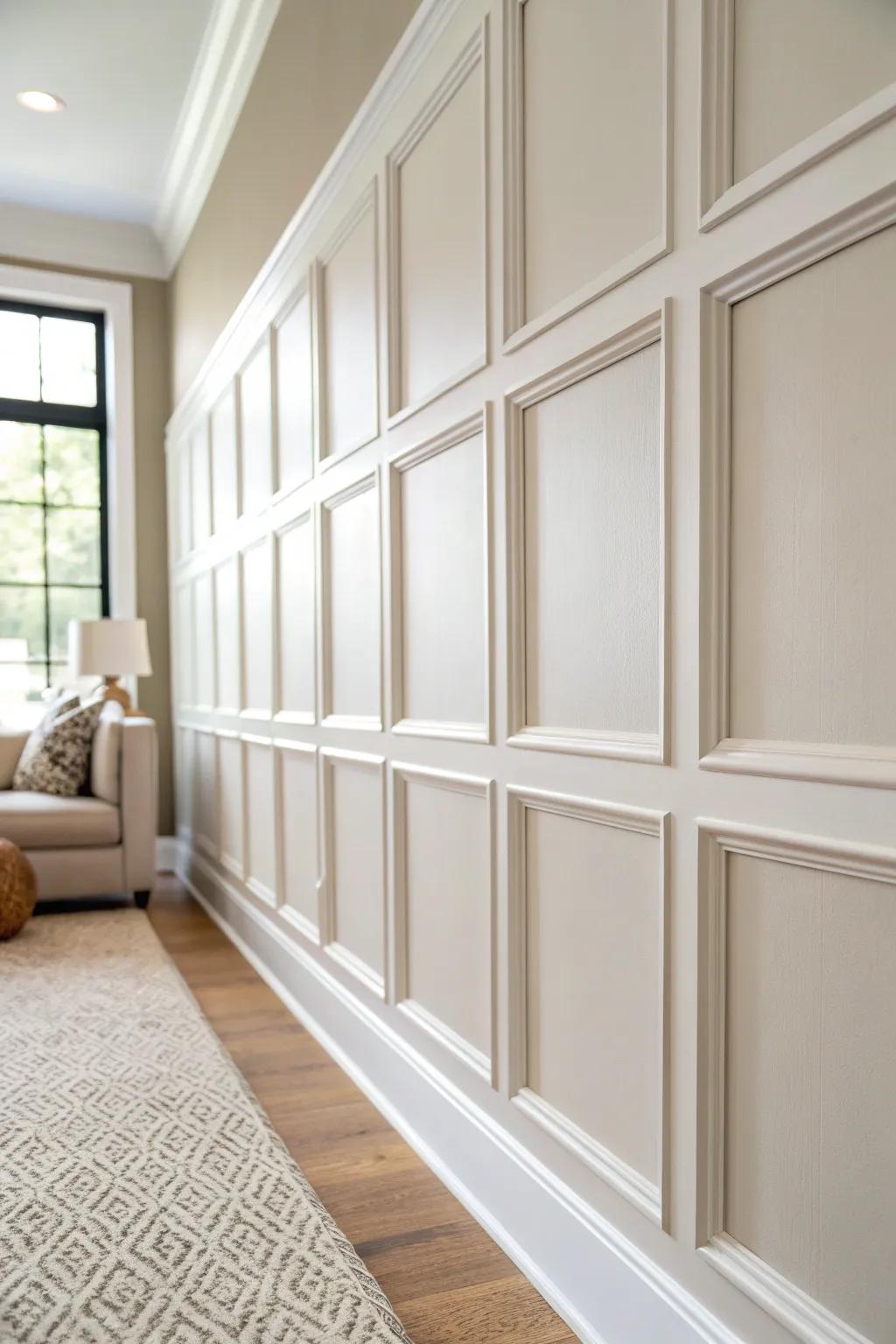 Peel-and-stick molding grid: instant built-in elegance for rentals—no nails, no stress.