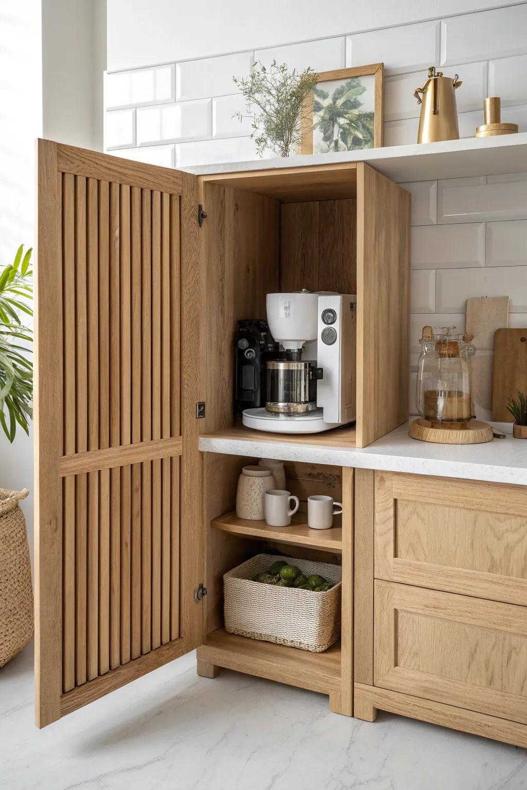A tidy coffee-station appliance garage: hidden clutter, calm mornings, and warm minimalist style.