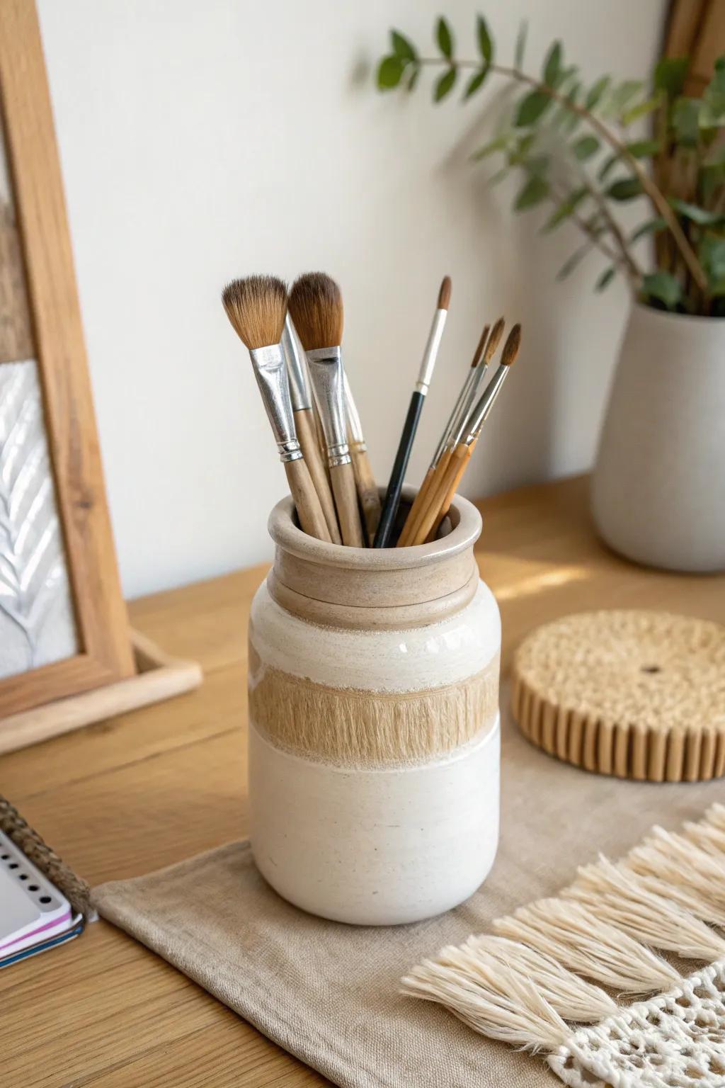 Brush jars with height zones: short in front, tall in back—calm desk, protected bristles.