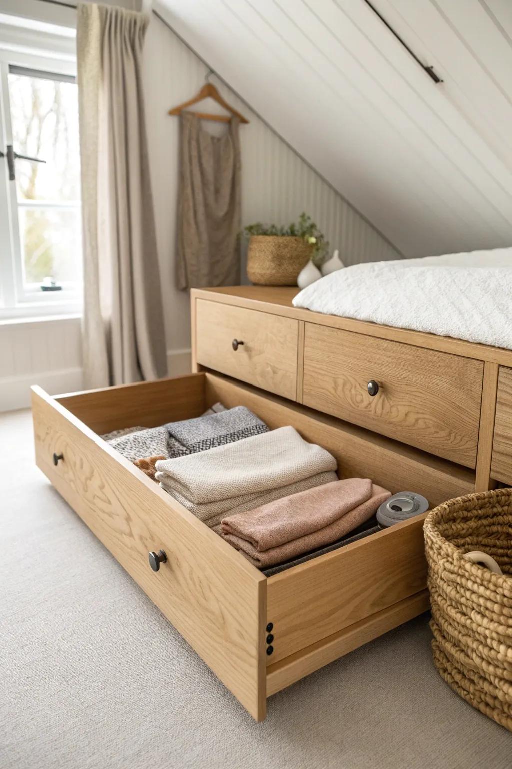 Custom knee-wall drawer built-ins turn that awkward attic slope into calm, hidden storage.